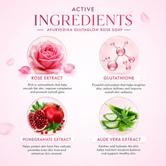 Ayurvedika Glutaglow Rose Soap active ingredients with rose, glutathione, pomegranate, and aloe vera on a pink background.
