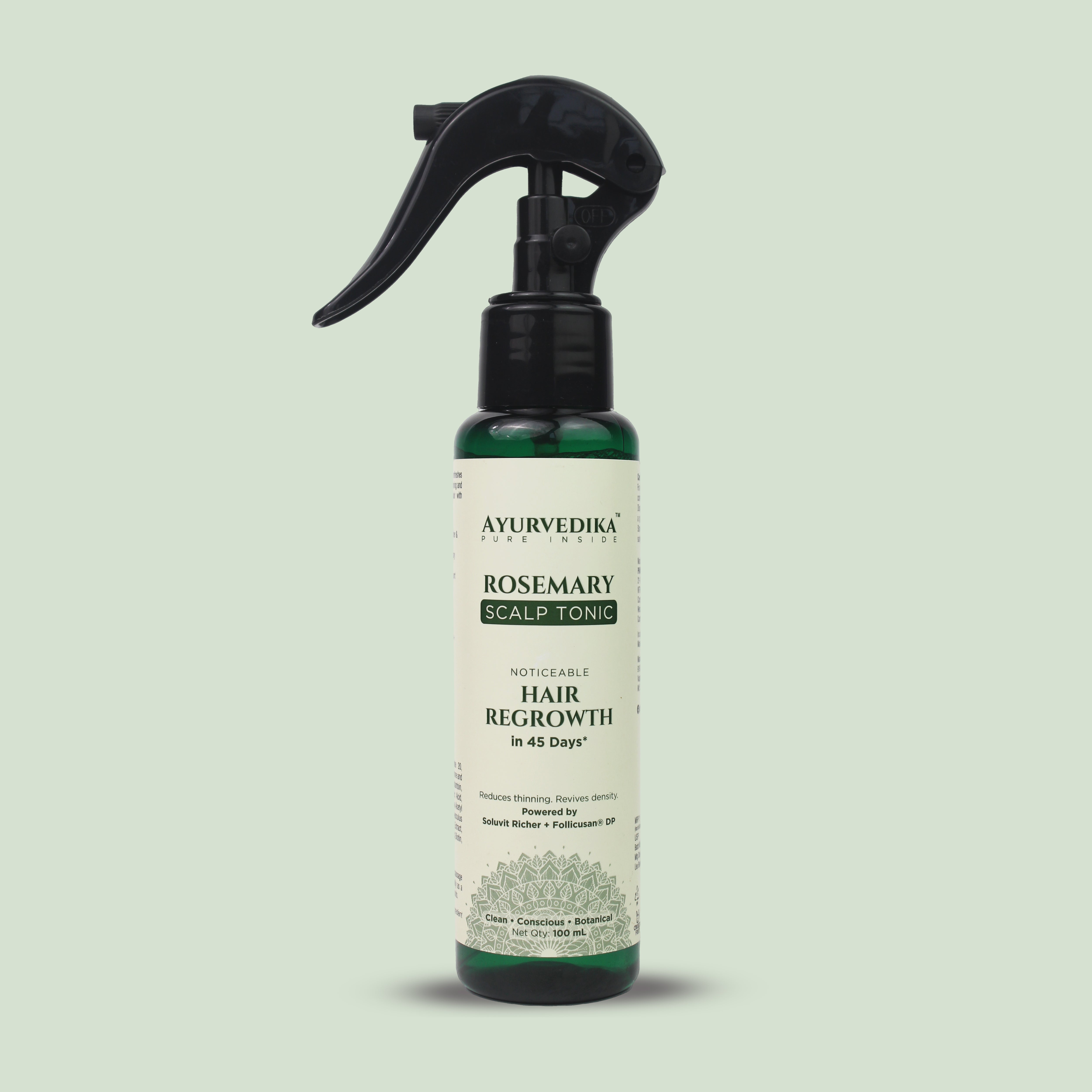 Ayurvedika Rosemary Scalp Tonic bottle on a light green background