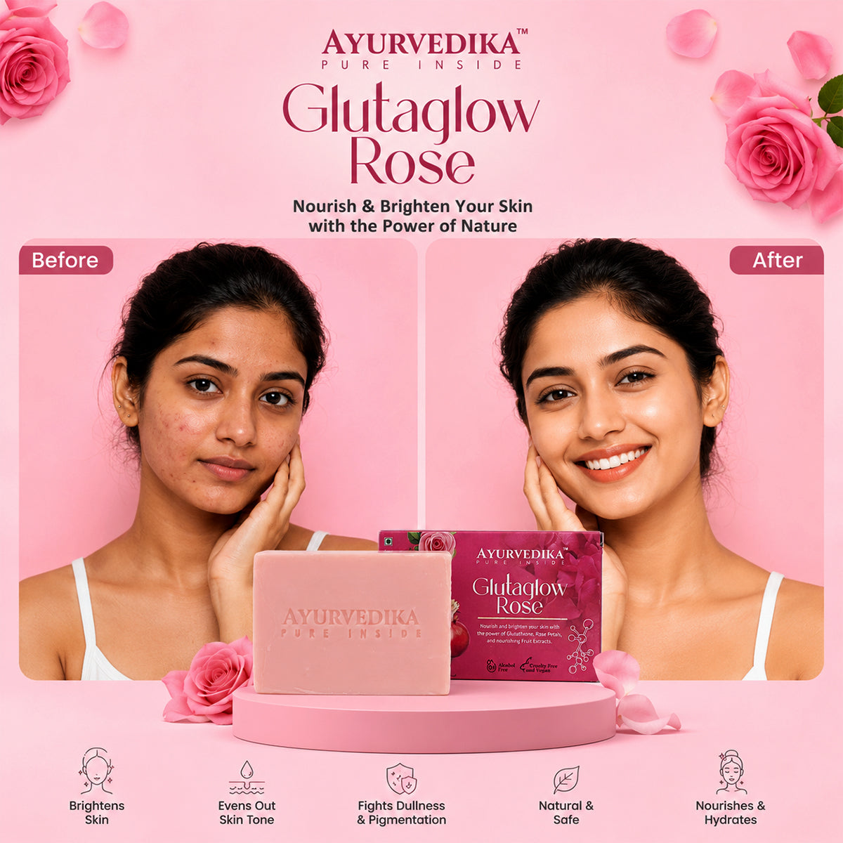 Ayurvedika Glutaglow Rose skincare products with a 'Before' and 'After' comparison on a pink background with roses.