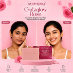 Ayurvedika Glutaglow Rose skincare products with a 'Before' and 'After' comparison on a pink background with roses.