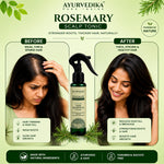 A split image showcasing the effects of Ayurvedika Rosemary Scalp Tonic. The left side features a woman with thinning, sparse hair and a concerned expression, while the right side shows the same woman with thick, healthy hair and.