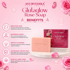 Ayurvedika Glutaglow Rose Soap with product and benefits on a pink background