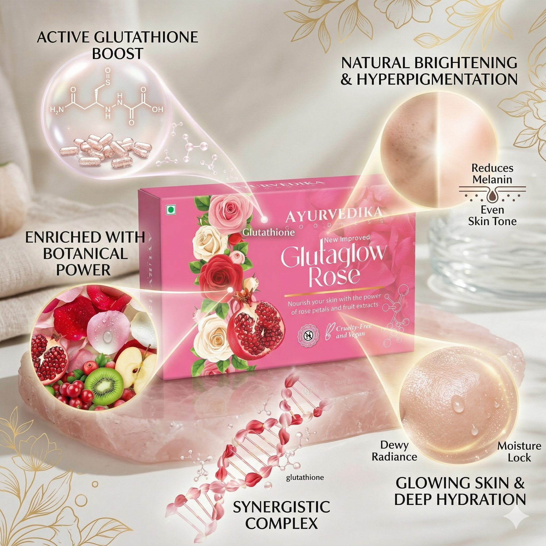 Ayurvedika Glutaglow Rose skincare product packaging with text on benefits