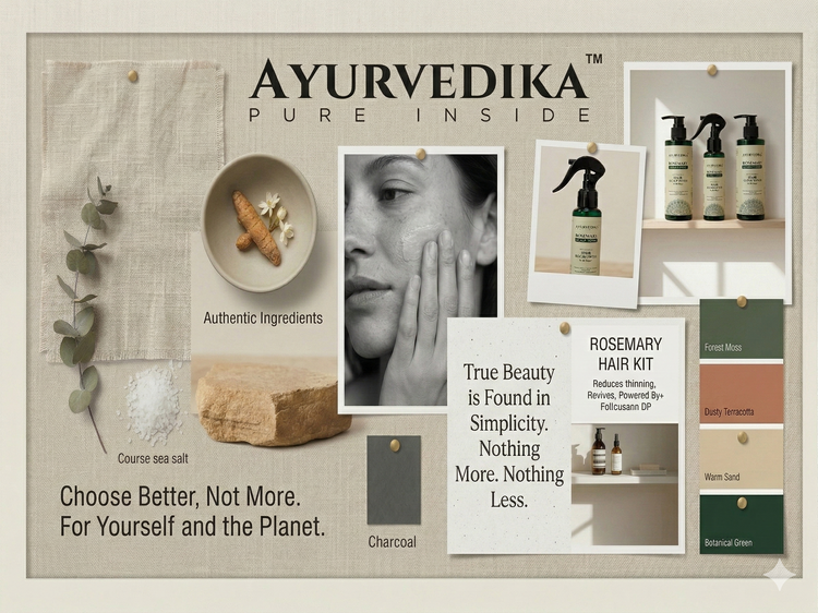 Ayurvedika product display with images of skincare products, a face, and text about authenticity and simplicity.