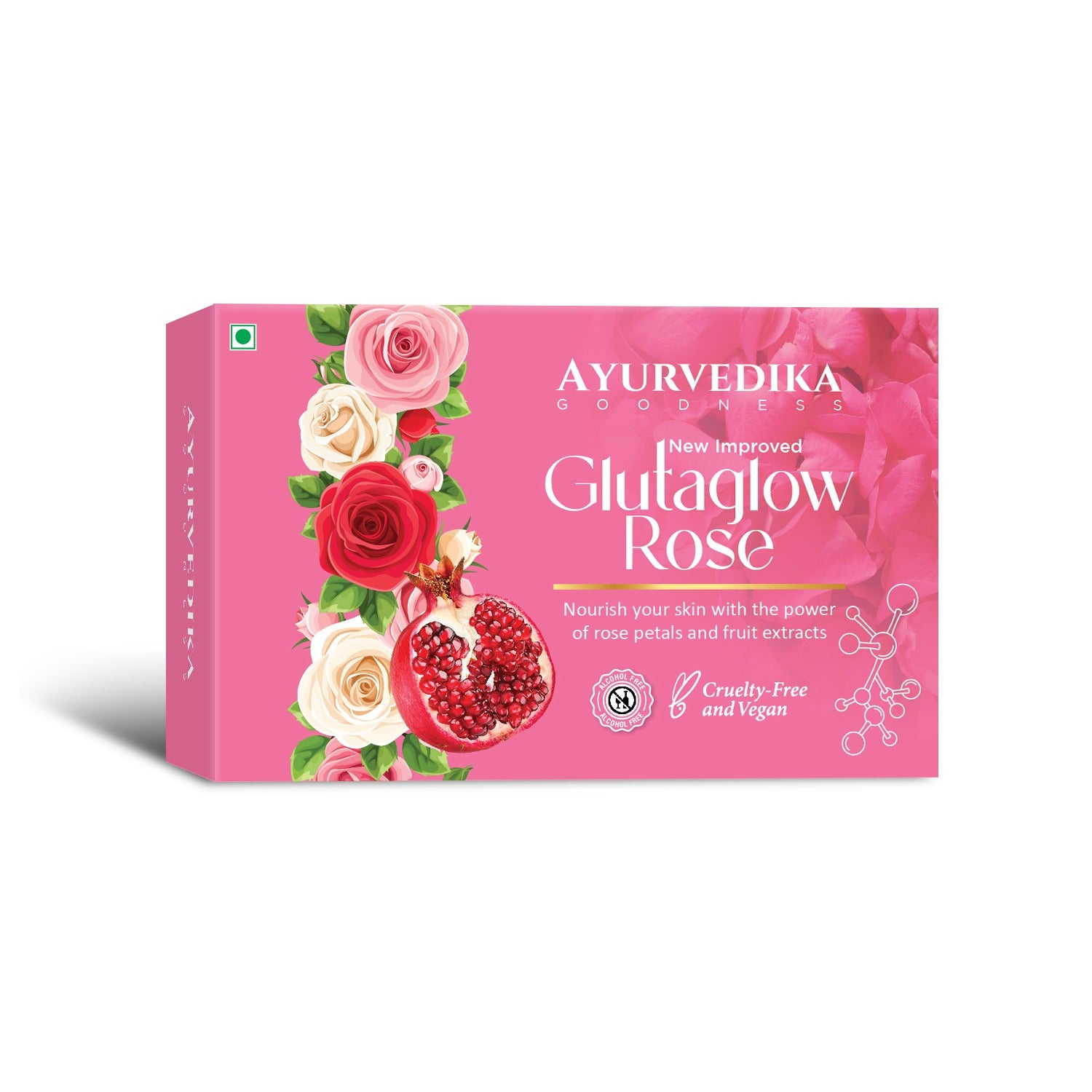 A packaged bar of Glutaglow Rose soap with floral patterns and text highlighting the product name and features such as being paraben-free, vegan, and alcohol-free.