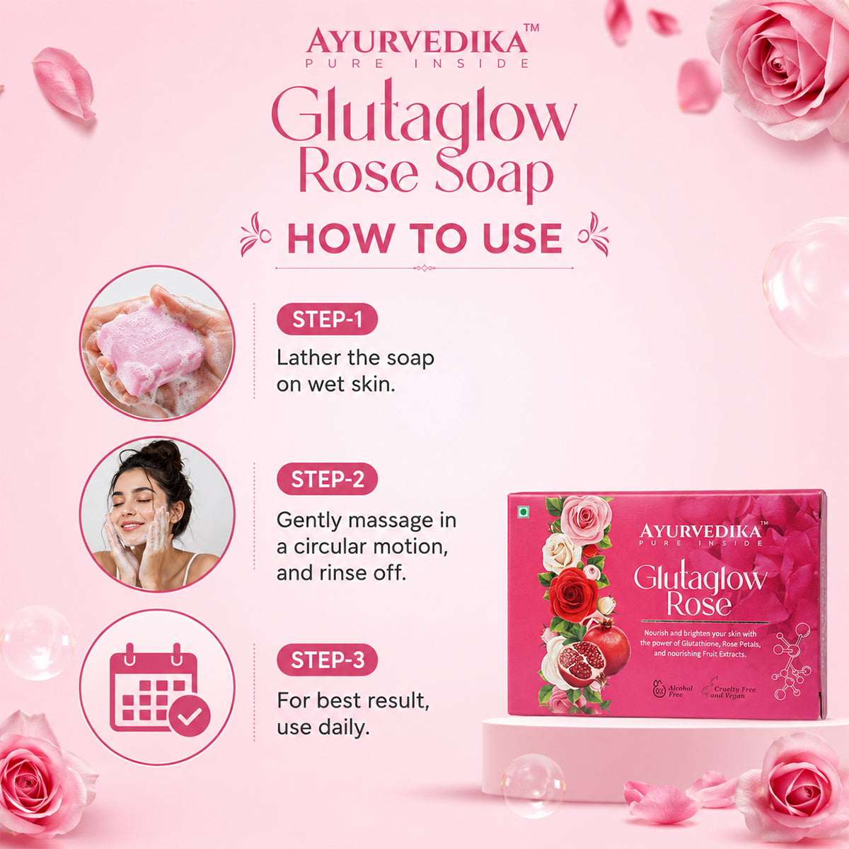 Ayurvedika Glutaglow Rose Soap packaging with usage instructions on a pink background with roses.