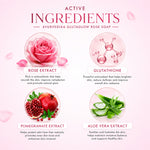 Ayurvedika Glutaglow Rose Soap active ingredients with rose, glutathione, pomegranate, and aloe vera on a pink background.