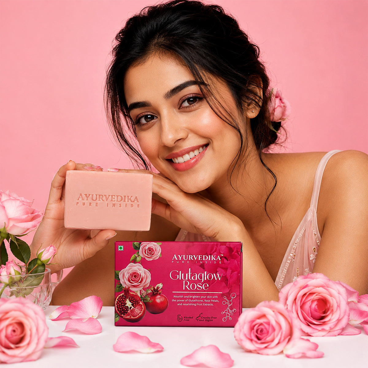 Woman holding Ayurvedika Gluta Glow Rose skincare product against a pink background
