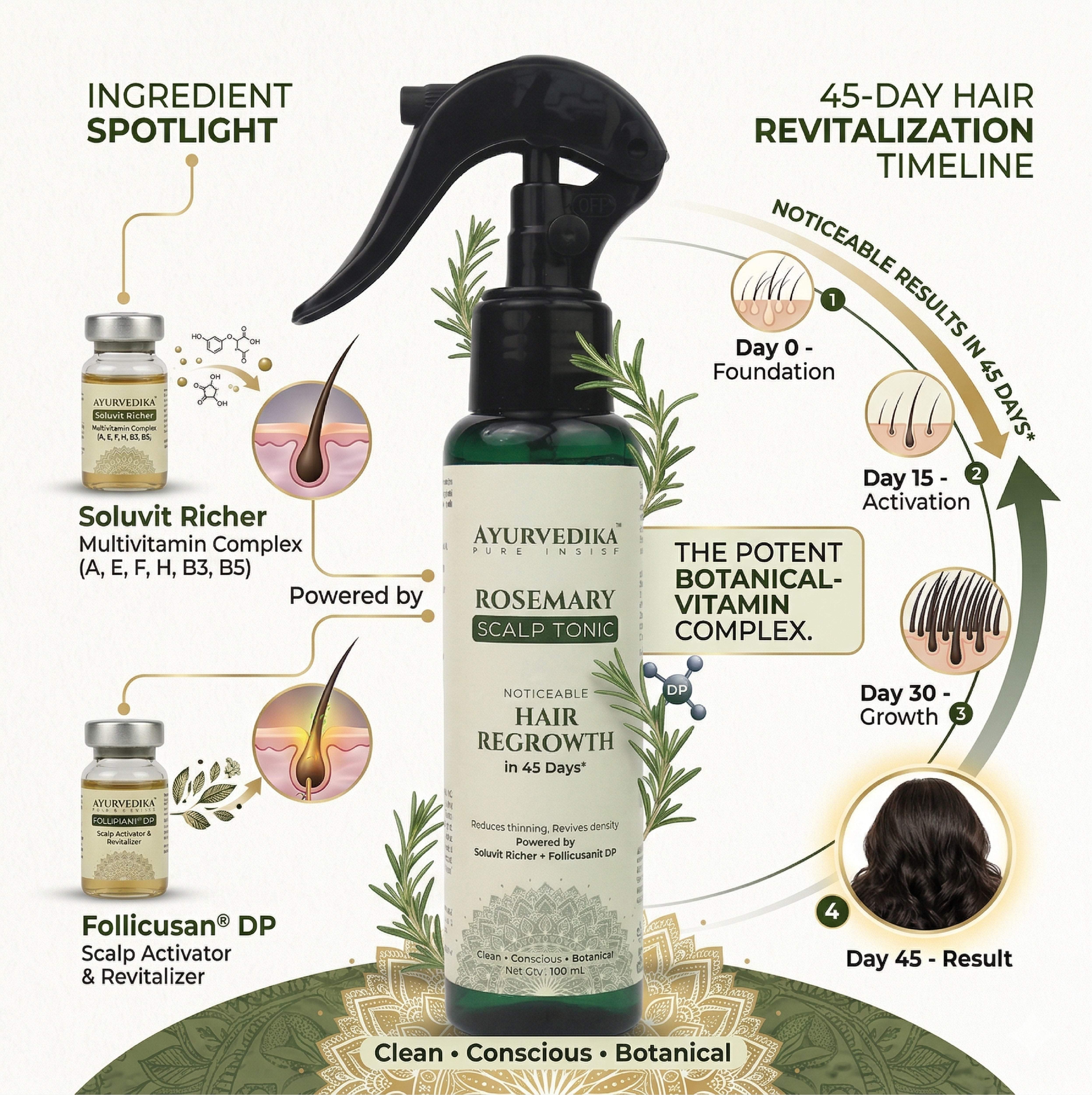 Ayurvedika Rosemary Scalp Tonic with ingredient spotlight and hair regrowth timeline on a green background